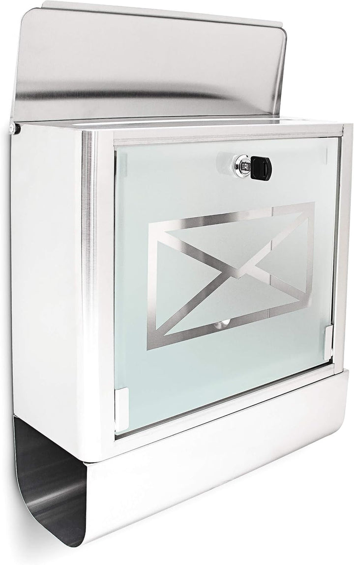 Relaxdays Briefkasten mit Zeitungsfach, Postkasten aus Edelstahl und Glas, Mit Motiv, HBT: ca. 40 x