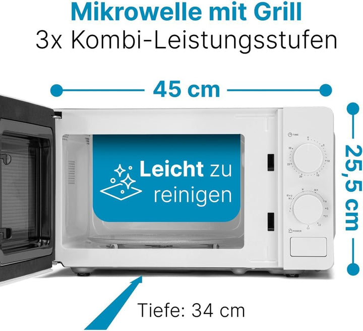 Clatronic® Mikrowelle mit Grill | 800 Watt | 5 Stufen | 20 Liter Garraum | 360° Drehteller | Timer m