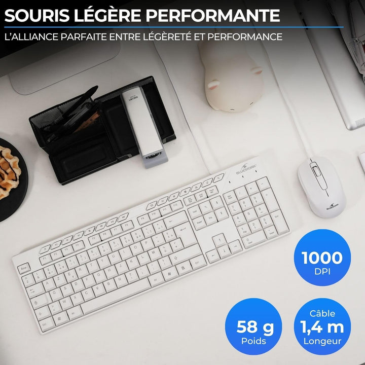Bluestork Media Office Pack – Set mit kabelgebundener USB-Tastatur – ergonomische AZERTY und kabelge