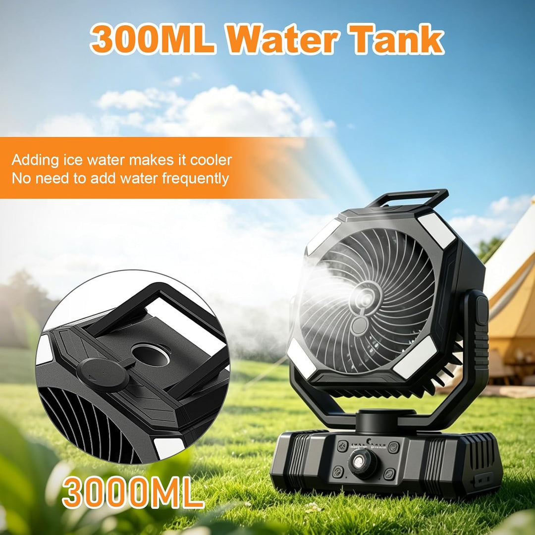 Richday Camping Ventilator mit Wasserkühlung, 20000mAh Akku, 300ml Wassertank, 2 Nebelmodi, 270° dre