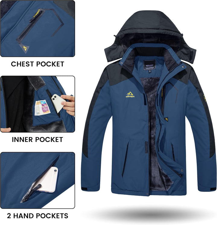 TACVASEN Herren Winter Wasserdichte Winddichte Winterjacke Warme Fleece-Futter Ski Regenmantel mit K