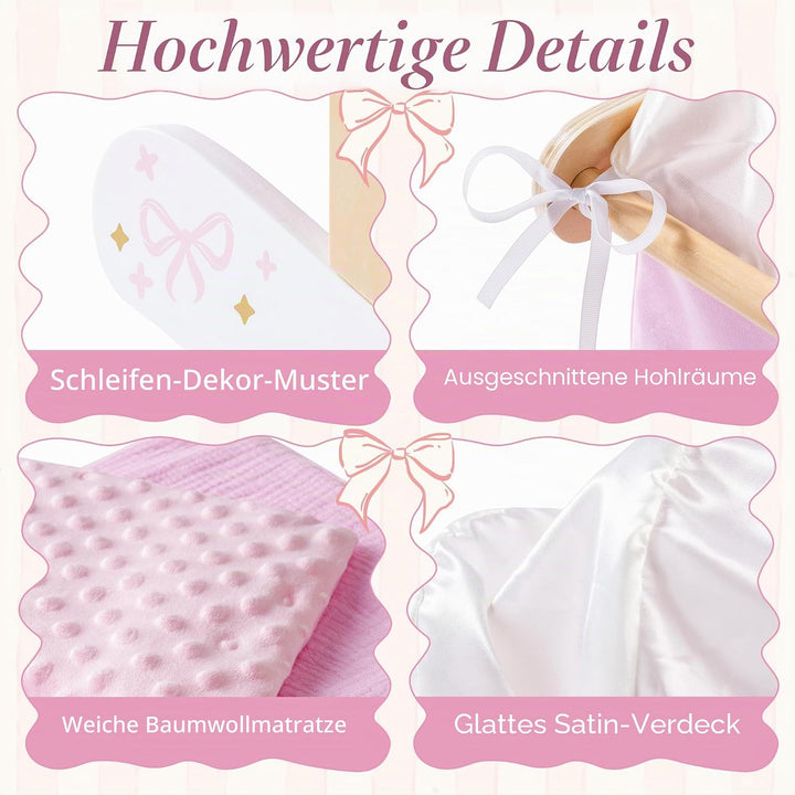 ROBUD Puppenwiege mit Baldachin für 45 cm Puppen, Puppenbett Holz mit Schaukelfunktion, Matratze und