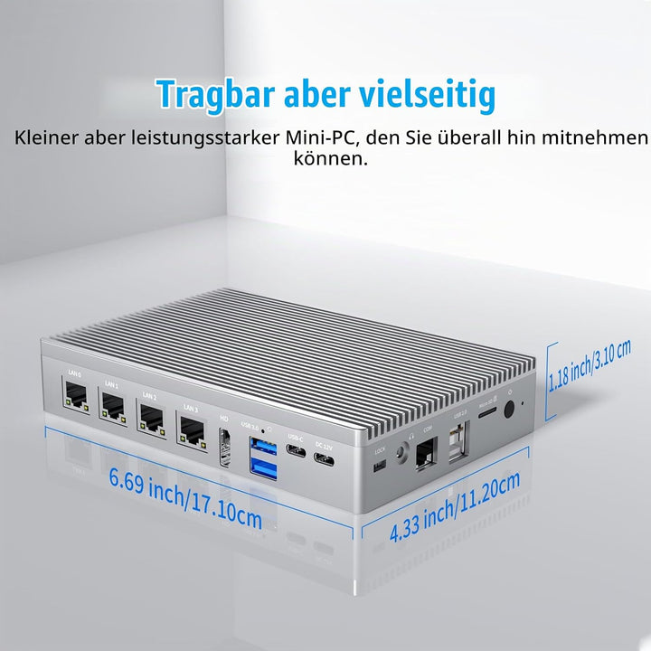 Micro Firewall N100 12TH Gen Fanless Mini PC(3.4 GHz) 8GB RAM 128GB eMMC, Type-C USB3.2, 4 x 2.5Gbe