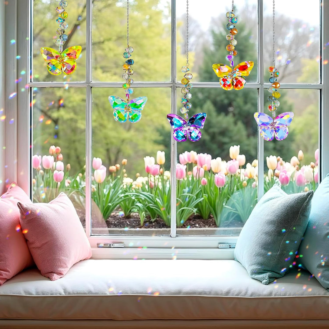 5 Stück Sonnenfänger Kristall Windspiel Fenster Anhänger Schmetterling Regenbogen Kristalle Deko Fen