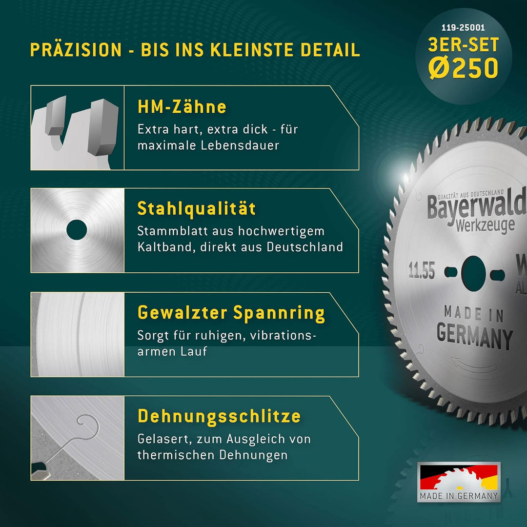 HOLZ ALLROUND Bayerwald Tischkreissägen-Set Ø 250 (3 tlg.) - für Holz Längsschnitt/Tischlerplatten/H