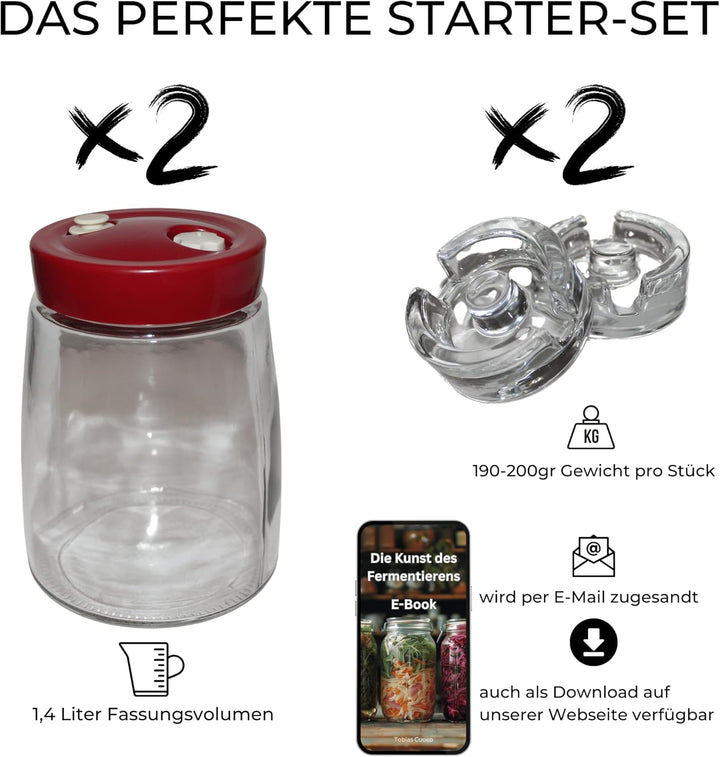 GREEN WISE Fermentierglas Set 2er – je 1,4L mit Gärventil & Deckel – inkl. 2 Fermentiergewichte – Ei