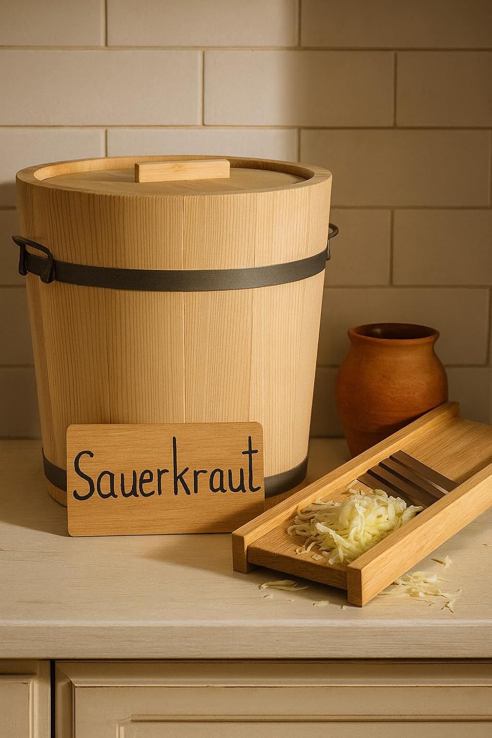 Gäreimer mit Deckel – naturbelassenes Gärfass mit Metallumreifung und Haltegriffen – Sauerkrautfass