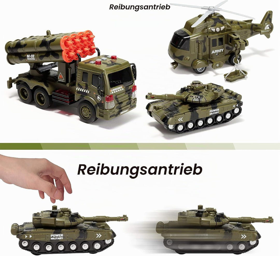 JOYIN 3 in 1 Reibungsbetriebenes Sirenen-Militärfahrzeugspielzeug mit Actionfiguren, einschliesslich