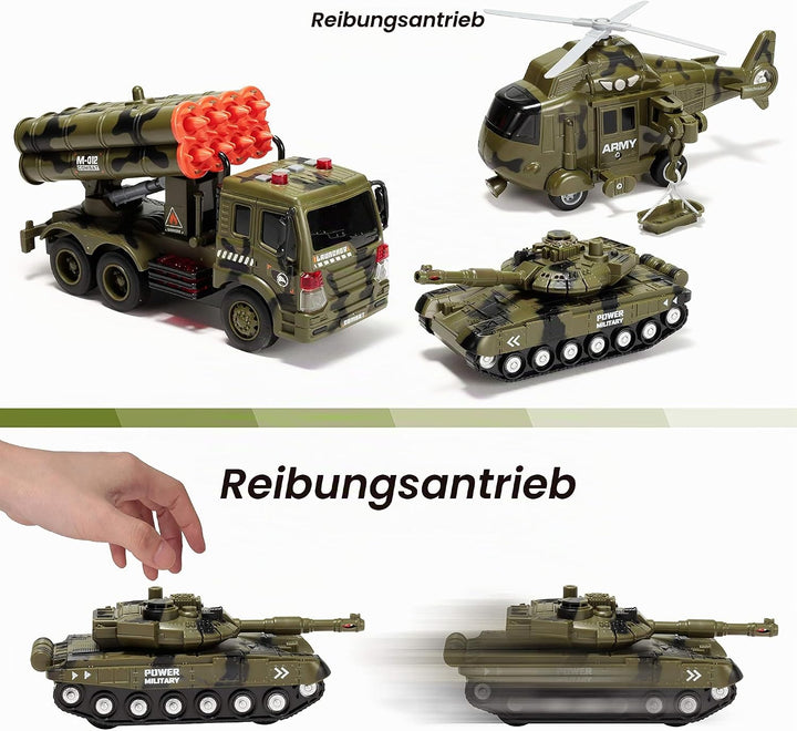 JOYIN 3 in 1 Reibungsbetriebenes Sirenen-Militärfahrzeugspielzeug mit Actionfiguren, einschliesslich