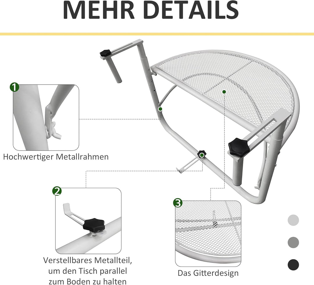 Outsunny Balkonhängetisch Hängetisch Gartentisch höhenverstellbar halbrund Ø30 cm Terrasse Metall We