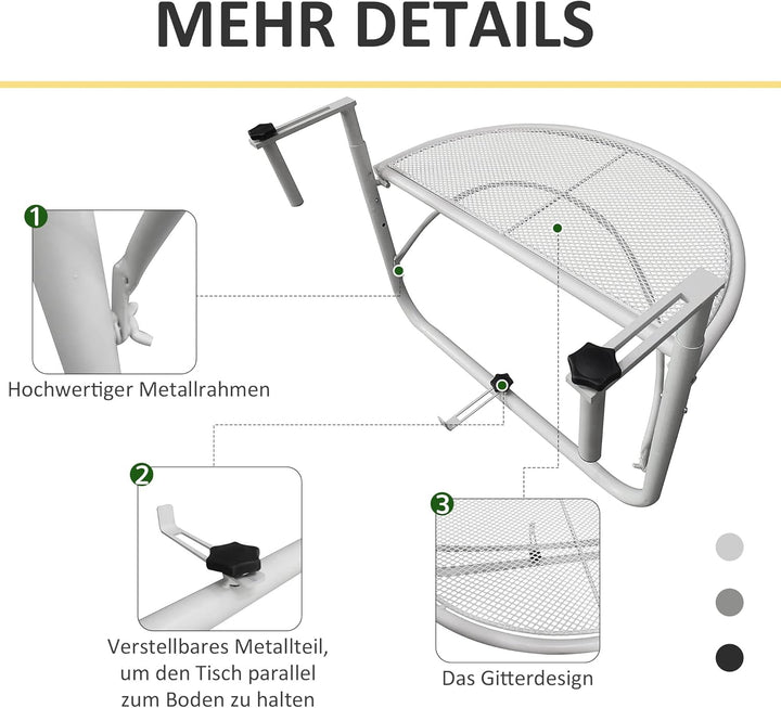 Outsunny Balkonhängetisch Hängetisch Gartentisch höhenverstellbar halbrund Ø30 cm Terrasse Metall We
