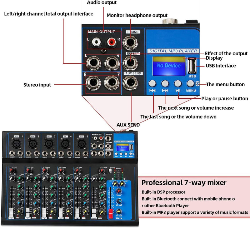 Depusheng HT7 Tragbarer Bluetooth-Audio-Mixer mit USB-DJ-Sound-Mischpult MP3-Buchse 48-V-Stromversor