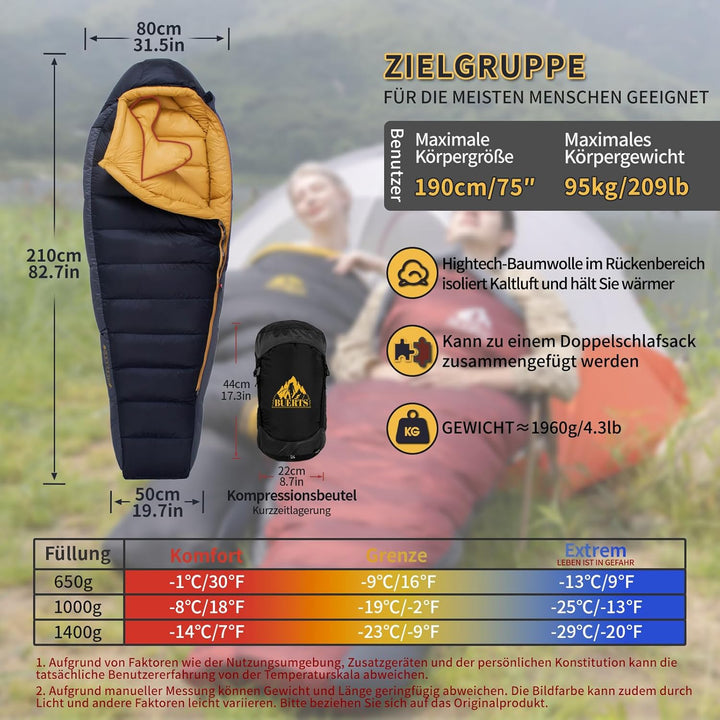Daunenschlafsack für Erwachsene, kaltes Wetter, kleines Paket, leicht zu tragen, 680 FP. Rucksacksch