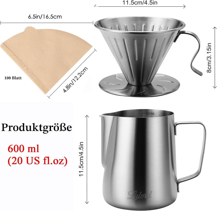 Pour Over Kaffeebereiter-Set, 304 Edelstahl, mit 100 Stück #2 Papierfilter und 600 ml Milchaufschäum
