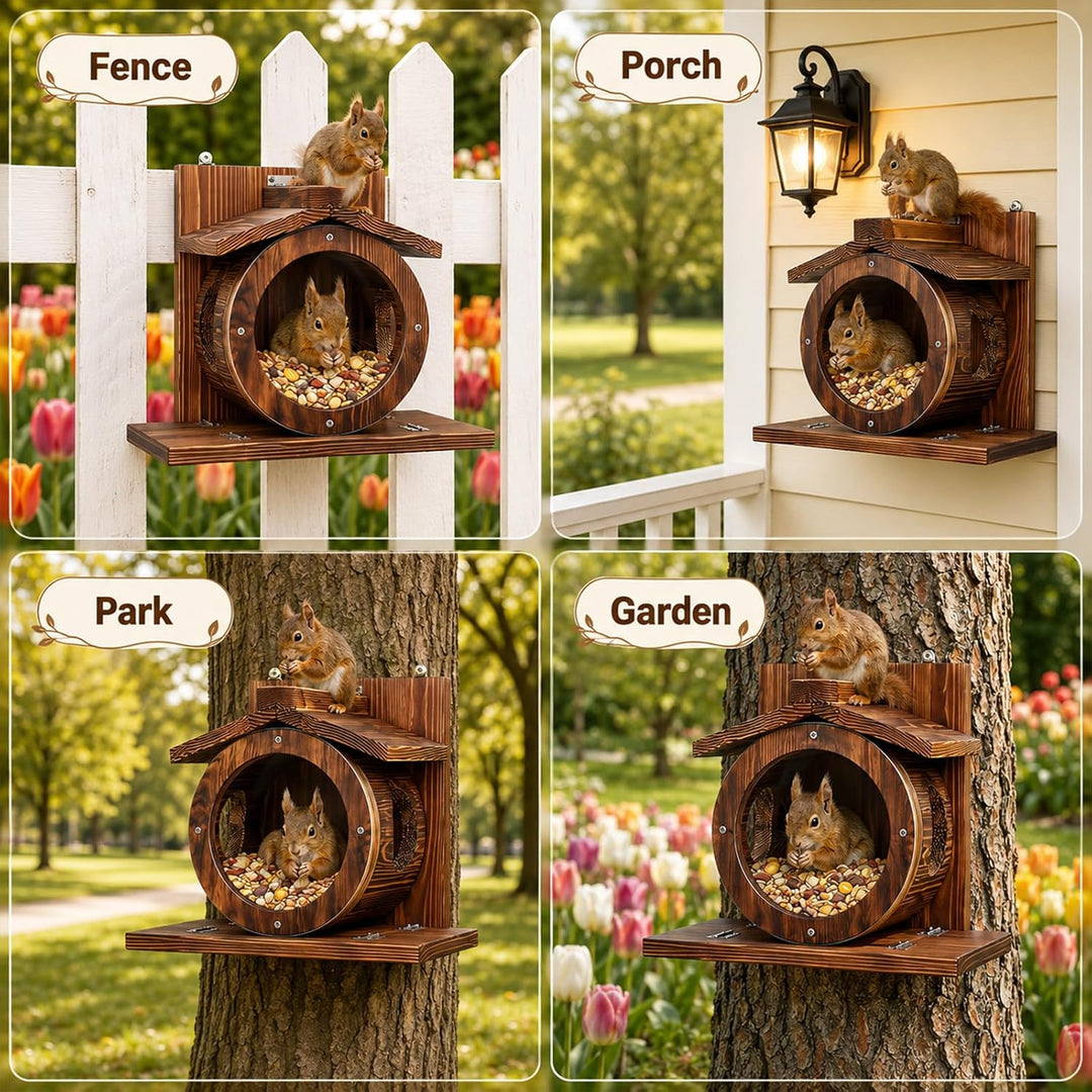 Eichhörnchen Futterstation aus Holz Wandmontage mit grossem Sichtfenster, 7 cm Einstiegsloch, stabil