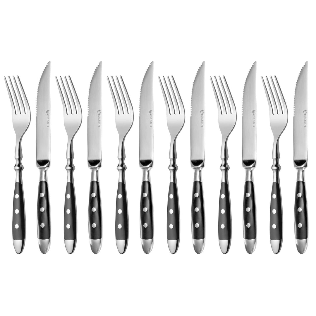 GRÄWE Steakbesteck, 12-teilig, Besteckset für 6 Personen, Steakgabel, Steakmesser, Edelstahl poliert