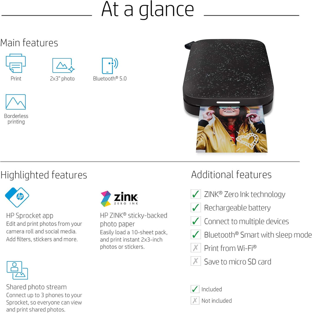HP Sprocket Mobiler Fotodrucker (Drucken ohne Tinte, Bluetooth, 5 x 7,6 cm Ausdrucke) Noir