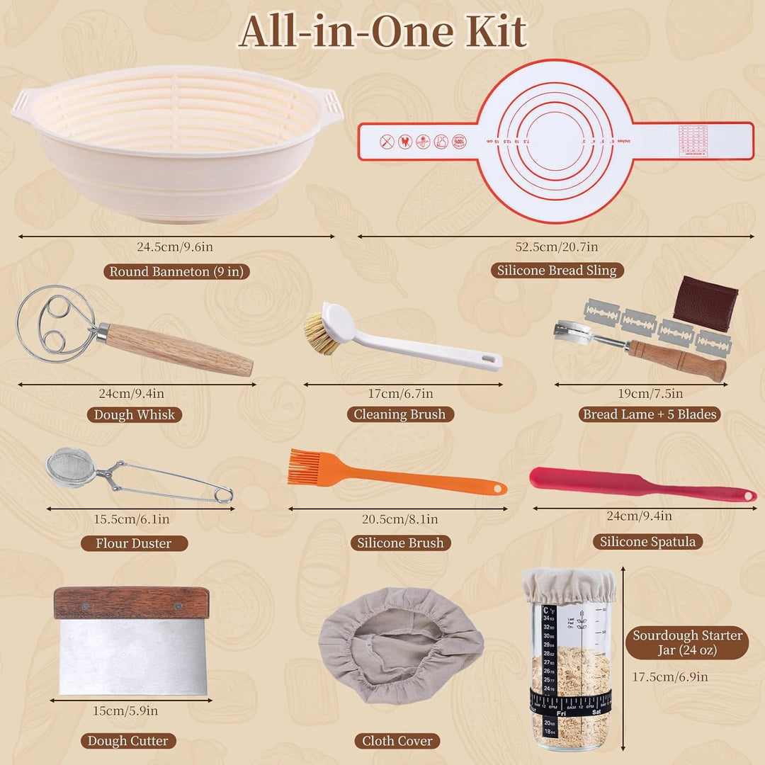Sauerteig Starter Set, Sauerteig Glas, Runde Gärkörbchen für Brot Gärkorb mit Abdeckungen, Geschenk