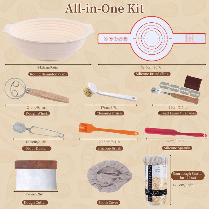 Sauerteig Starter Set, Sauerteig Glas, Runde Gärkörbchen für Brot Gärkorb mit Abdeckungen, Geschenk
