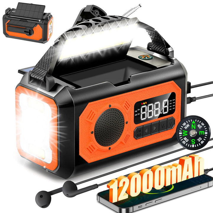 12000mAh Kurbelradio mit Handyladefunktion, Solar Radio mit 2 Sonnenkollektoren, AM/FM Tragbar Notfa
