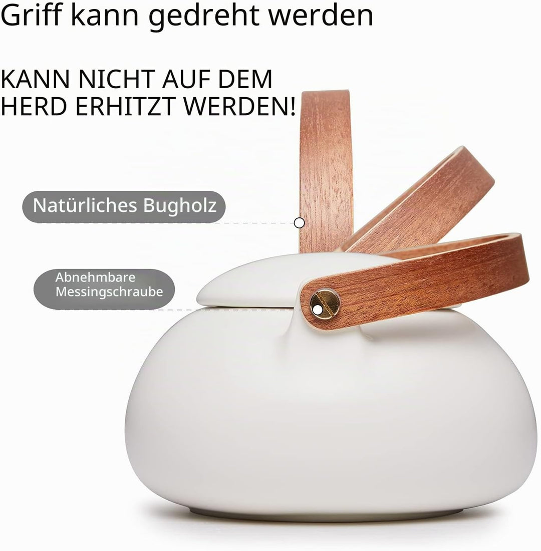 ZENS Teekanne mit Sieb, Holzgriff Matt Japanische Teeservice Keramik, 800ml Weiss KleinTeekanne Gesc