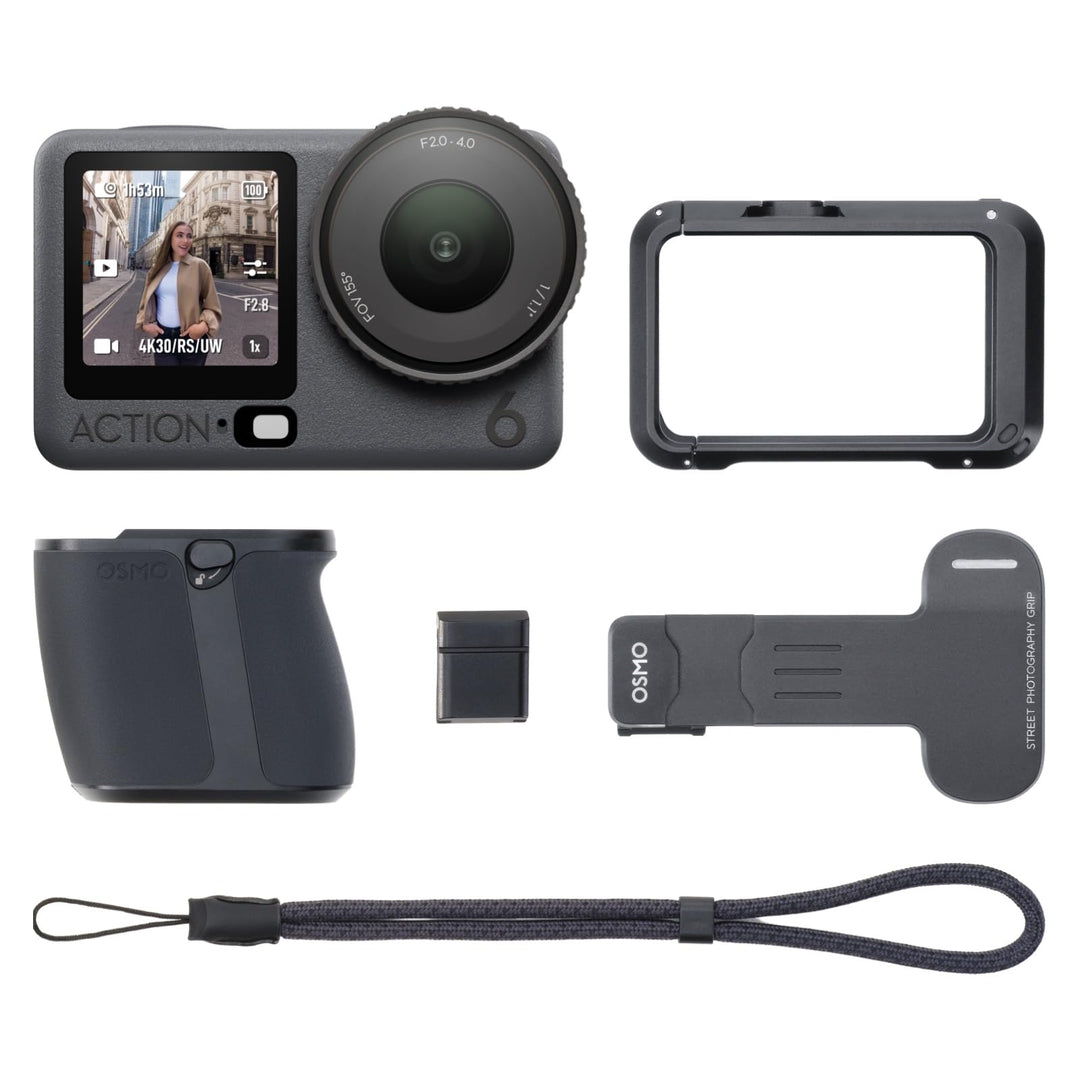 DJI Osmo Action 6 Vlog Combo, Unterwasser-Action-Cam mit Handgriff und Zubehörschuh-Auslöseknopf, Ka