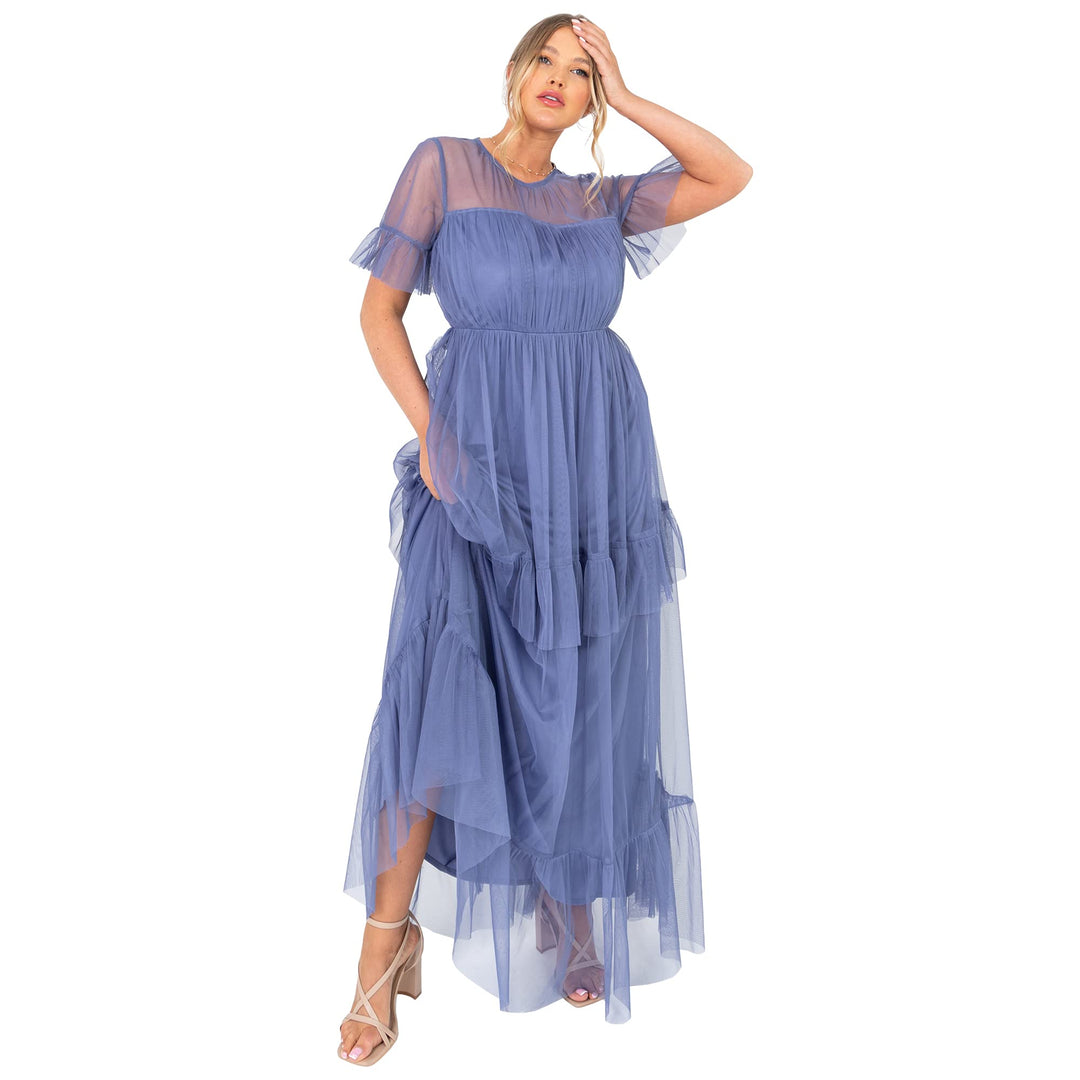 Anaya with Love Damen Ladies Maxi Dress Women Tiered Back Keyhole Mesh Short Sleeve Ruffle for Weddi