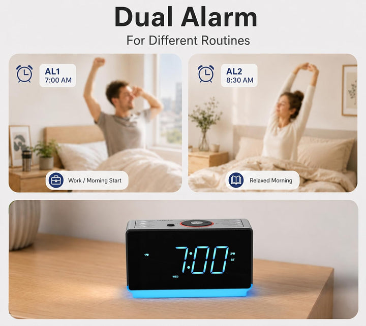 Radioweaker mit Bluetooth Lautsprecher, FM Radio, Dual Wecker mit Snooze, grosse LED Anzeige, Dimmer