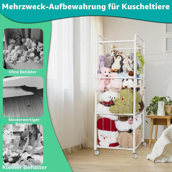 AKOZLIN Aufbewahrung für Stofftiere mit Kippschutzgurten aus Metall und Bremsrädern, Aufbewahrungsha