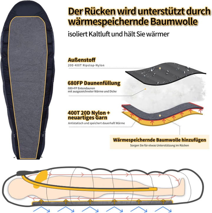 Daunenschlafsack für Erwachsene, kaltes Wetter, kleines Paket, leicht zu tragen, 680 FP. Rucksacksch