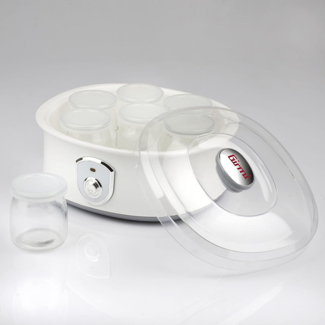 Girmi YG03 Joghurtbereiter, Betriebstemperatur 42–50°C, 7 Glasbehälter à 180ml, Transparenter Deckel