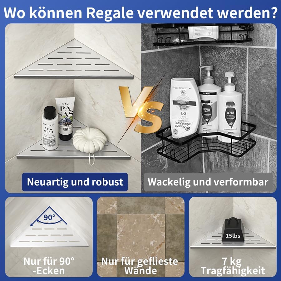 Eck Duschregal, Edelstahl 304 Badezimmerregal aus Stahl für geflieste Wände, Einbauregal für die Bad