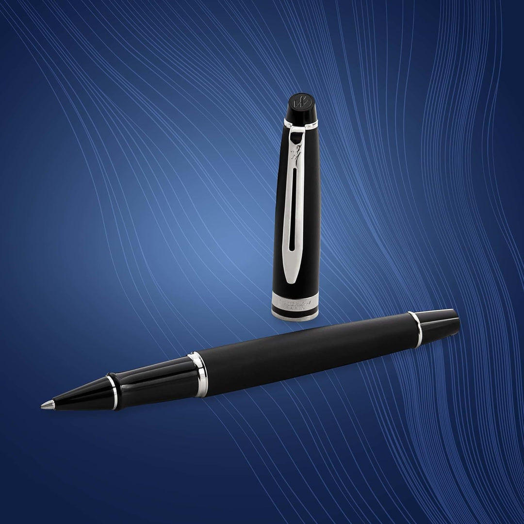 Waterman Expert Tintenroller | Mattschwarz | Chromzierteile| feine Spitze | Schwarz | Geschenkbox Ma