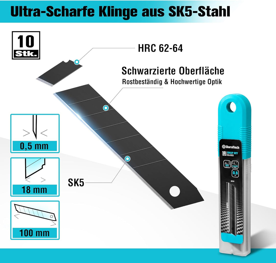 DURATECH 3 Stück Cuttermesser Set 18mm Profi Teppichmesser mit Drehknopf Sicherheitssperre, SK5 Abbr