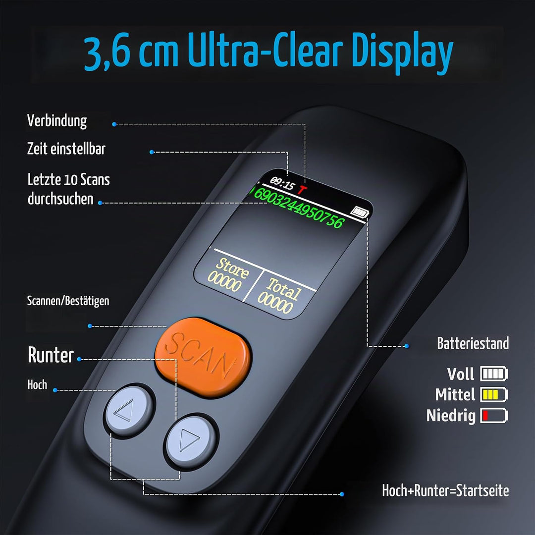 Tera Tragbar Barcode Scanner Mini: 1D 2D QR 1200mAh Akku mit Taste 1.4" Display &amp; Ladestation Handhe