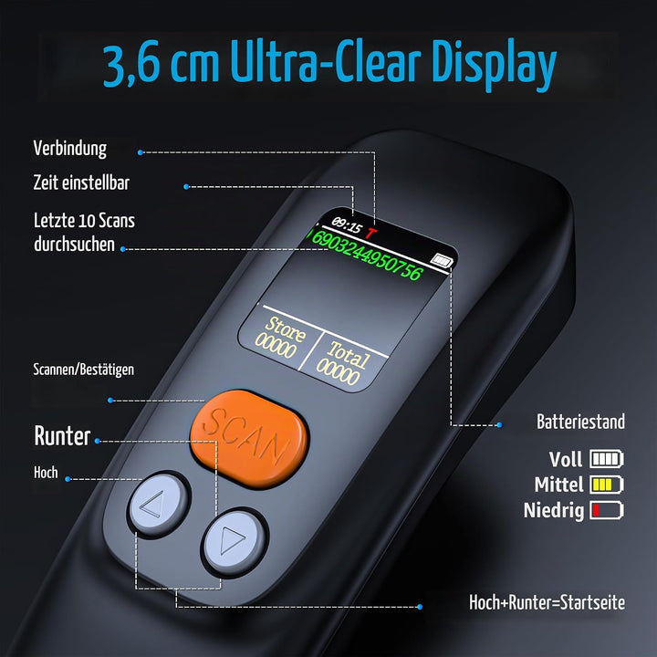 Tera Tragbar Barcode Scanner Mini: 1D 2D QR 1200mAh Akku mit Taste 1.4" Display &amp; Ladestation Handhe
