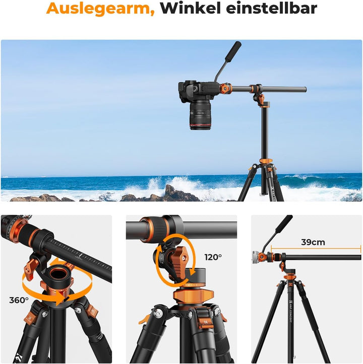 Kamera Stativ,K&F Concept Videostativ Video Tripod mit Fluidkopf,231cm Stativ mit 90° Mittelsäule un