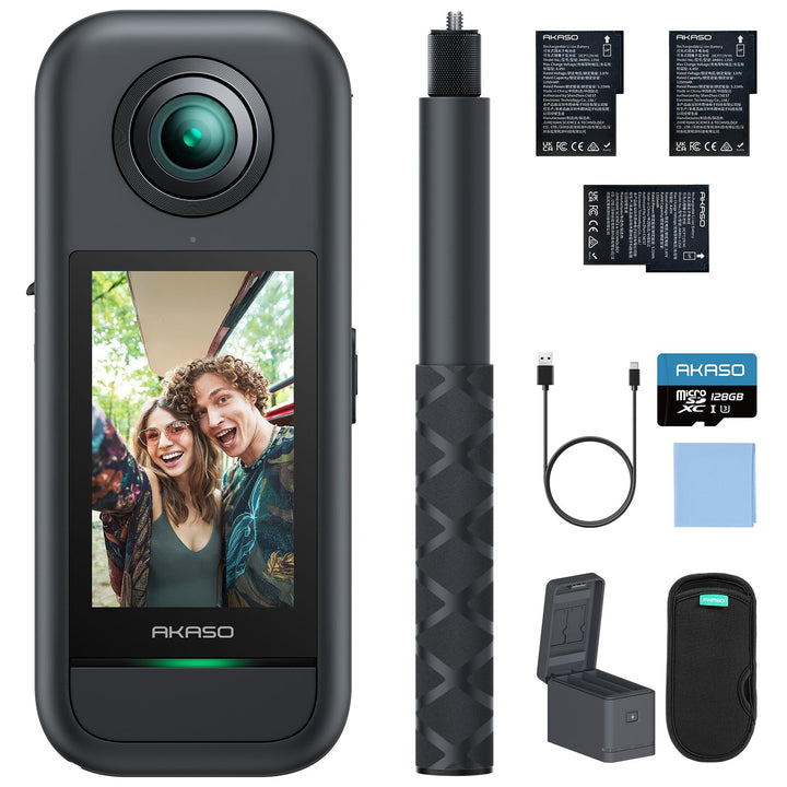 AKASO 360° Action Cam Creator-Set - 5.7K 72MP 360 Grad Actionkamera mit 128GB Speicherkarte Duale 1/