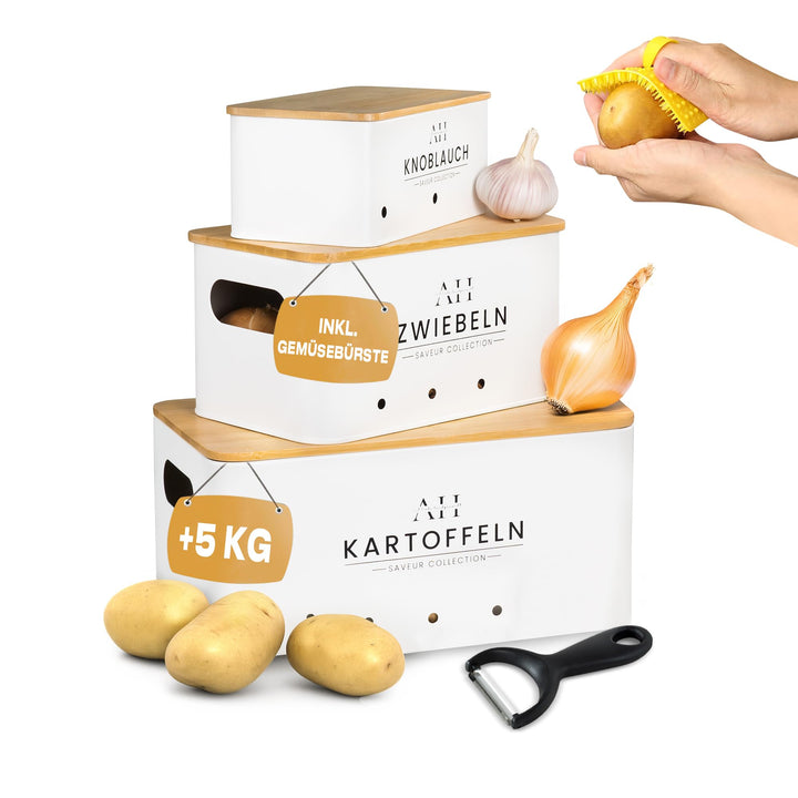 AH® Kartoffel Aufbewahrungsbox inkl. Gemüsebürste [4er Set]- zwiebeltopf, kartoffelbox - Geeignet fü