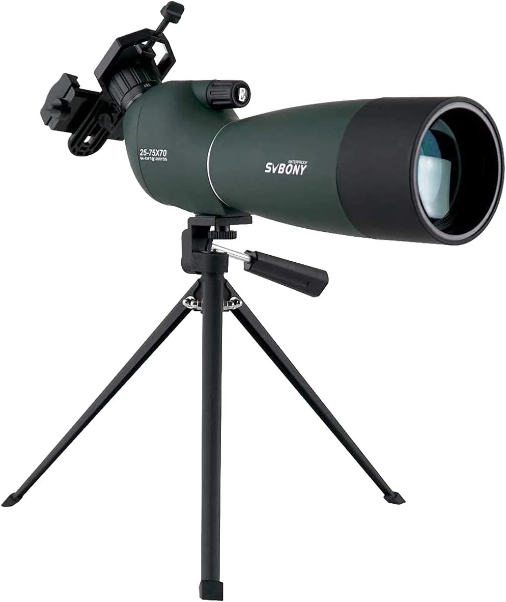 SVBONY SV28 Spektiv mit Stativ, abgewinkelt, 25–75 x 70 mm, Spotter mit Handy-Adapter, wasserdicht,