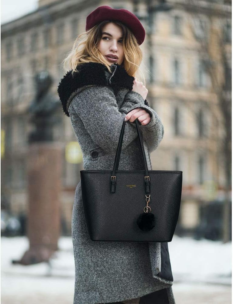 URAQT Damen Handtasche Schwarz, Shopper Handtasche Leder Tasche, Gross, für Büro Schule Einkauf mit