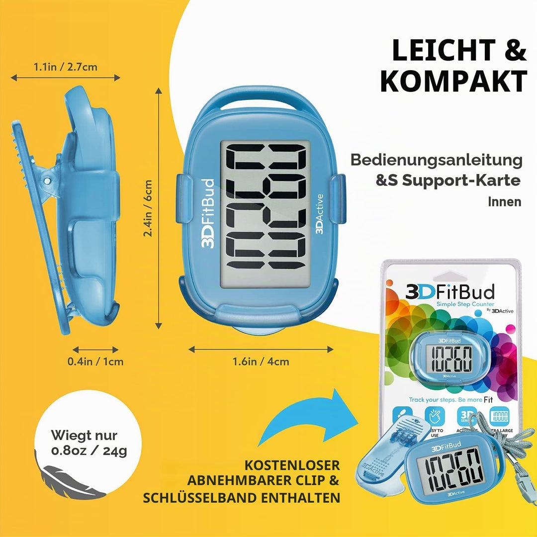3DFitBud Einfacher Schrittzähler 3D von 3DActive mit Clip Lanyard Präziser Schrittzähler Grosses Dis