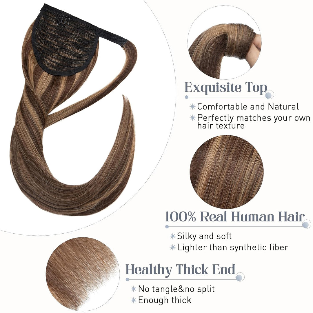 Rich Choices Pferdeschwanz Haarteil Echthaar Extensions Ponytail Extension mit Klettband 40cm #4/27
