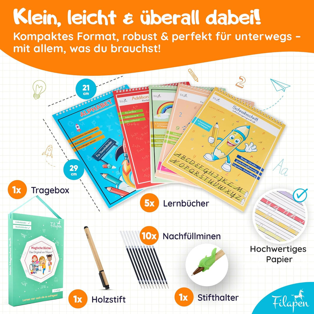 Filapen® Magische Vorschulhefte ab 5 Jahren - 5x Übungshefte + Stift – Schreiben & Lesen lernen, Buc