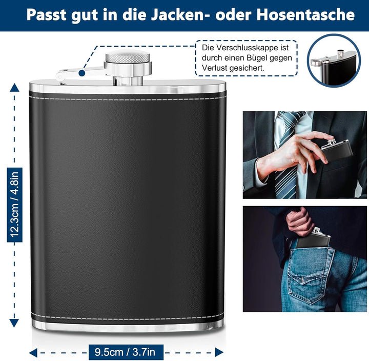LILABIENE Flachmann Geschenkset Leder Edelstahl Schwarz mit 4 Becher Trichter für Männer Geburtstag