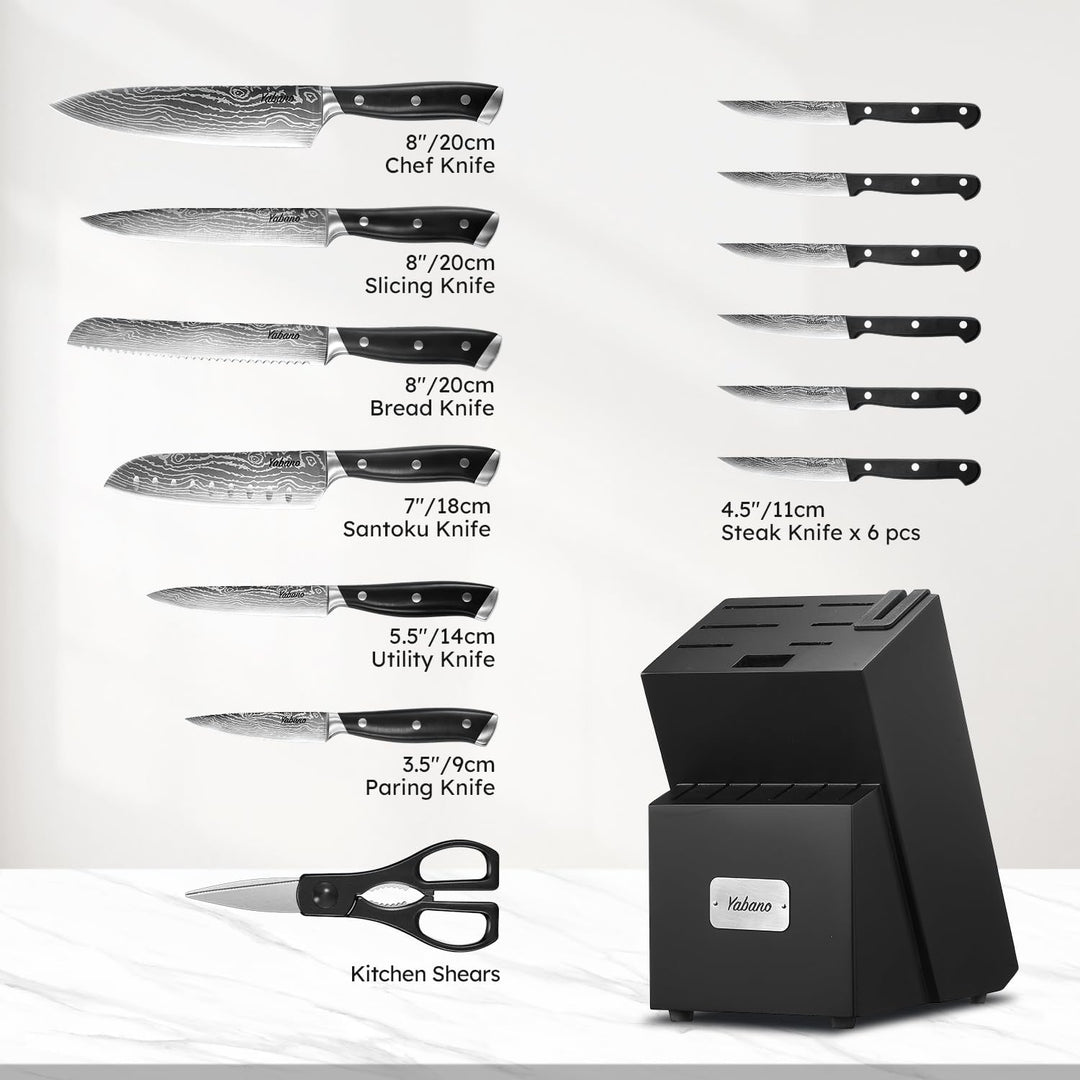 Yabano Messerblock Set, 14-teilig Küchenmesserset Edelstahl, Messer Set mit Holzblock und integriert