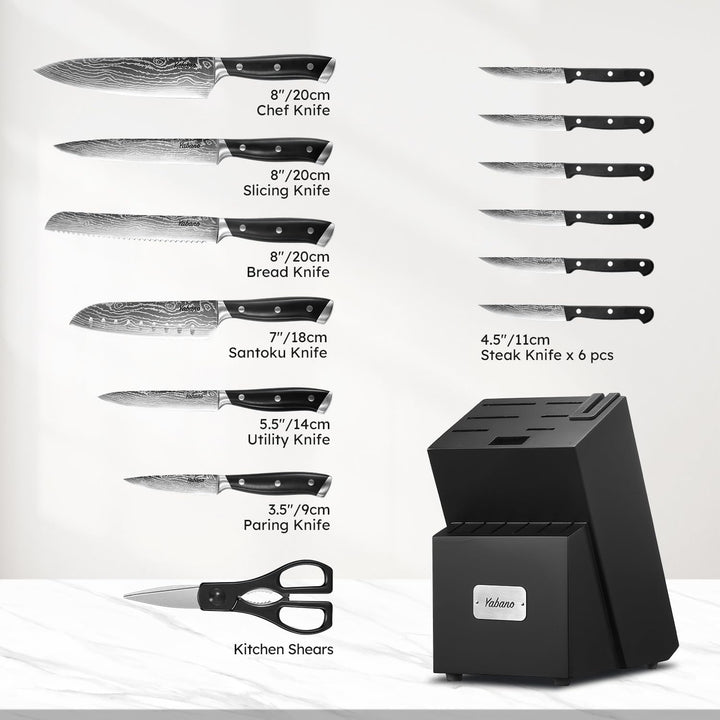 Yabano Messerblock Set, 14-teilig Küchenmesserset Edelstahl, Messer Set mit Holzblock und integriert