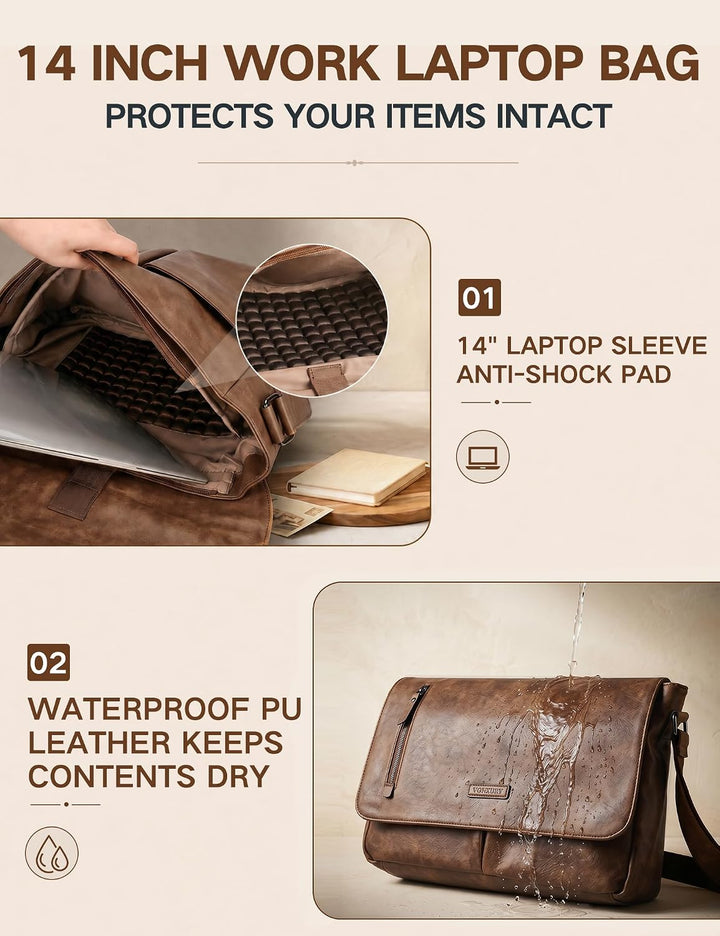 VX VONXURY Umhängetasche Herren und Damen, Vegan Leder 14 Zoll Laptoptasche Messenger Bag Arbeitstas