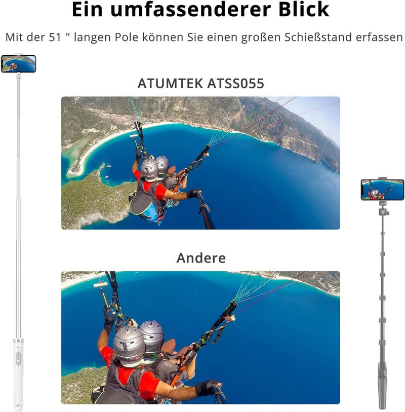 ATUMTEK Selfie-Stick mit 51 Zoll (51 Zoll), Selfie-Stick mit widerstandsfähigem Aluminium und rutsch