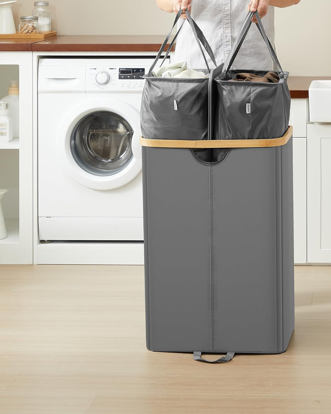 SONGMICS Wäschekorb 2 Fächer, Wäschesammler, 150 Liter, Wäschesortierer mit Deckel, Wäschetonne, Wäs